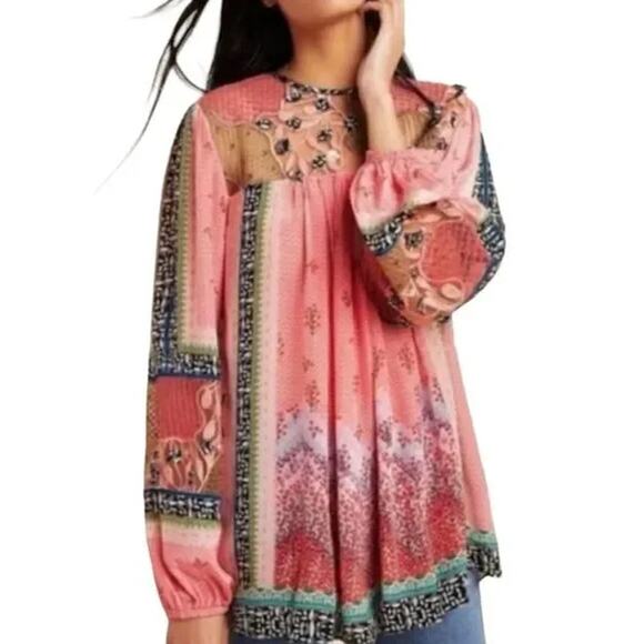 Anthropologie Bhanuni Jyoti Rosario Embroidered Long Sleeve Blouse Pink M $168 - Picture 1 of 11